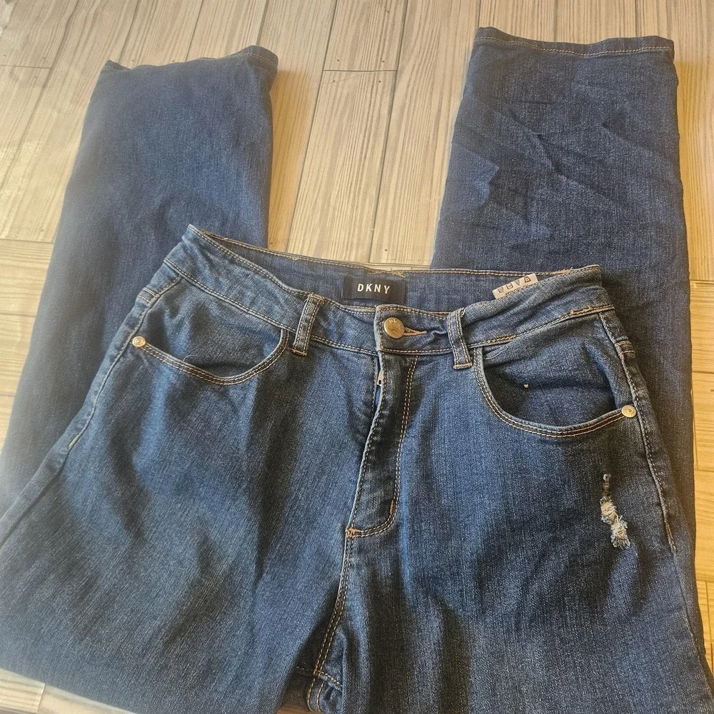 DKNY Jeans Womens 14 Blue Distressed Ripped Straight Leg Denim‎ Casual Trendy